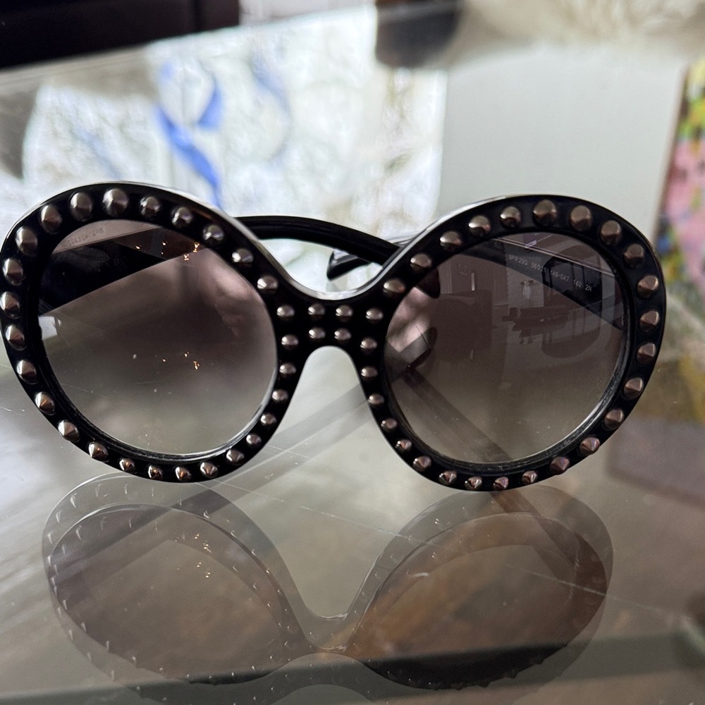 Prada Black Large Round Studded Sunglasses Vintage